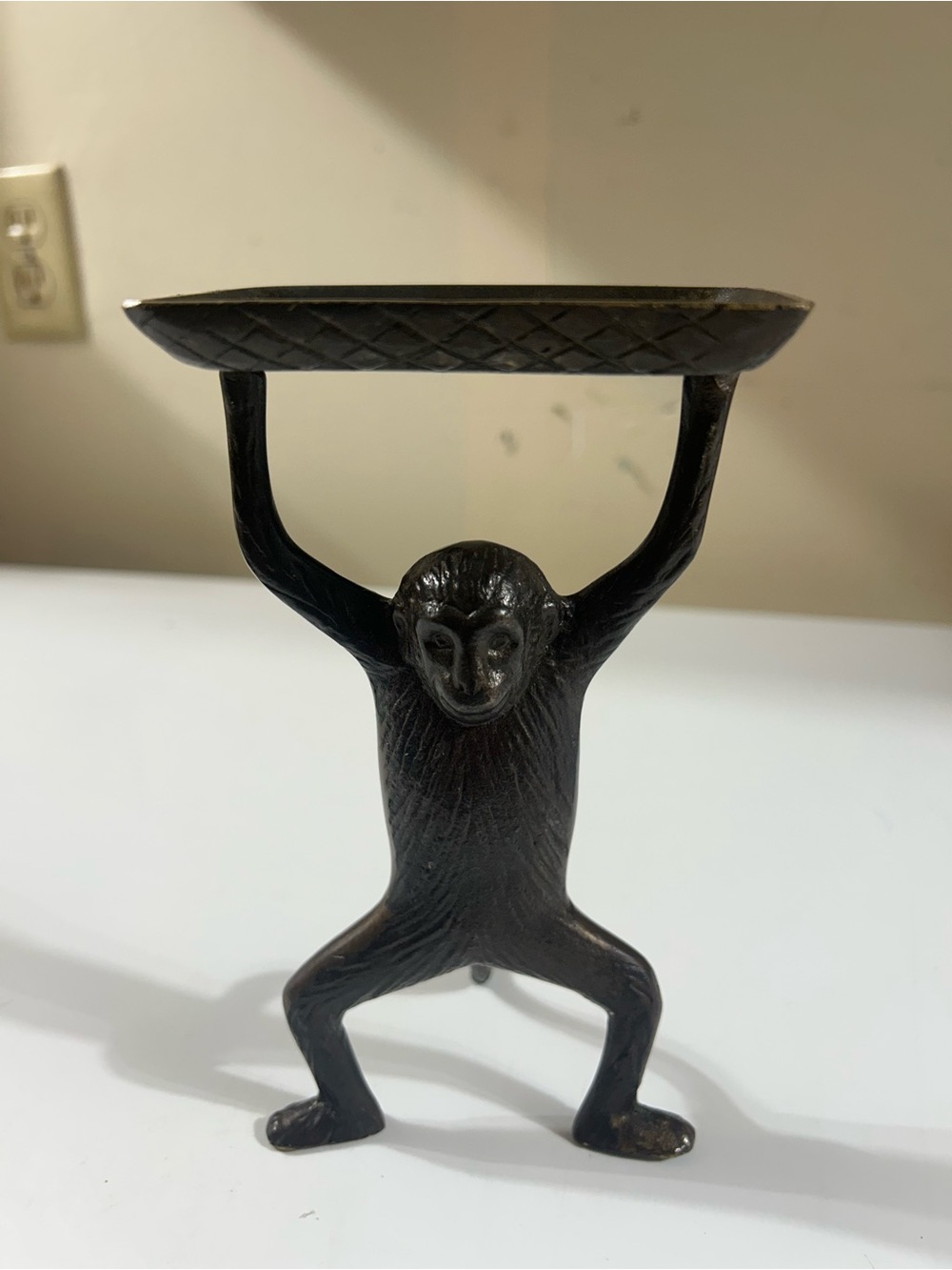 Vintage Brass Monkey Tray Art Deco Standing Figural Soap Card Stand Holder 7”